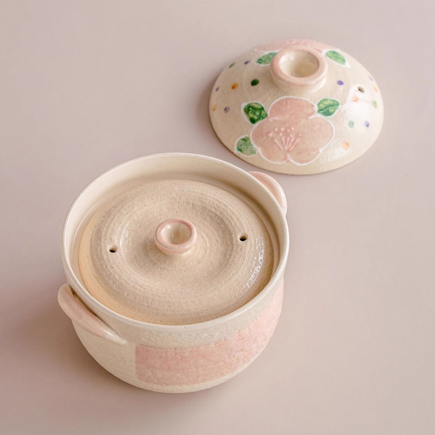 Toshiyuki Floral Banko Ware Earthen Pot: Double-Lid