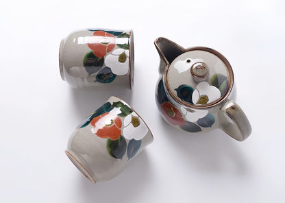 Red &White Camellia Kutani Japanese Teapot Set