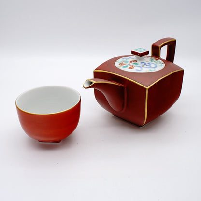 Red Scroll Handled Teapot and Cup Set
